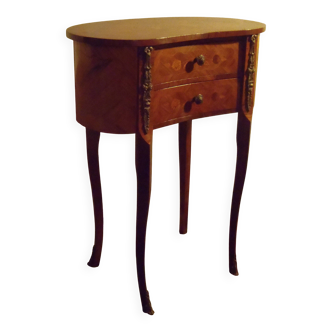 Louis XV style bedside table with varnished marquetry.