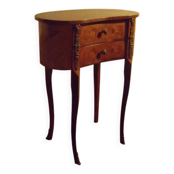 Louis XV style bedside table with varnished marquetry.