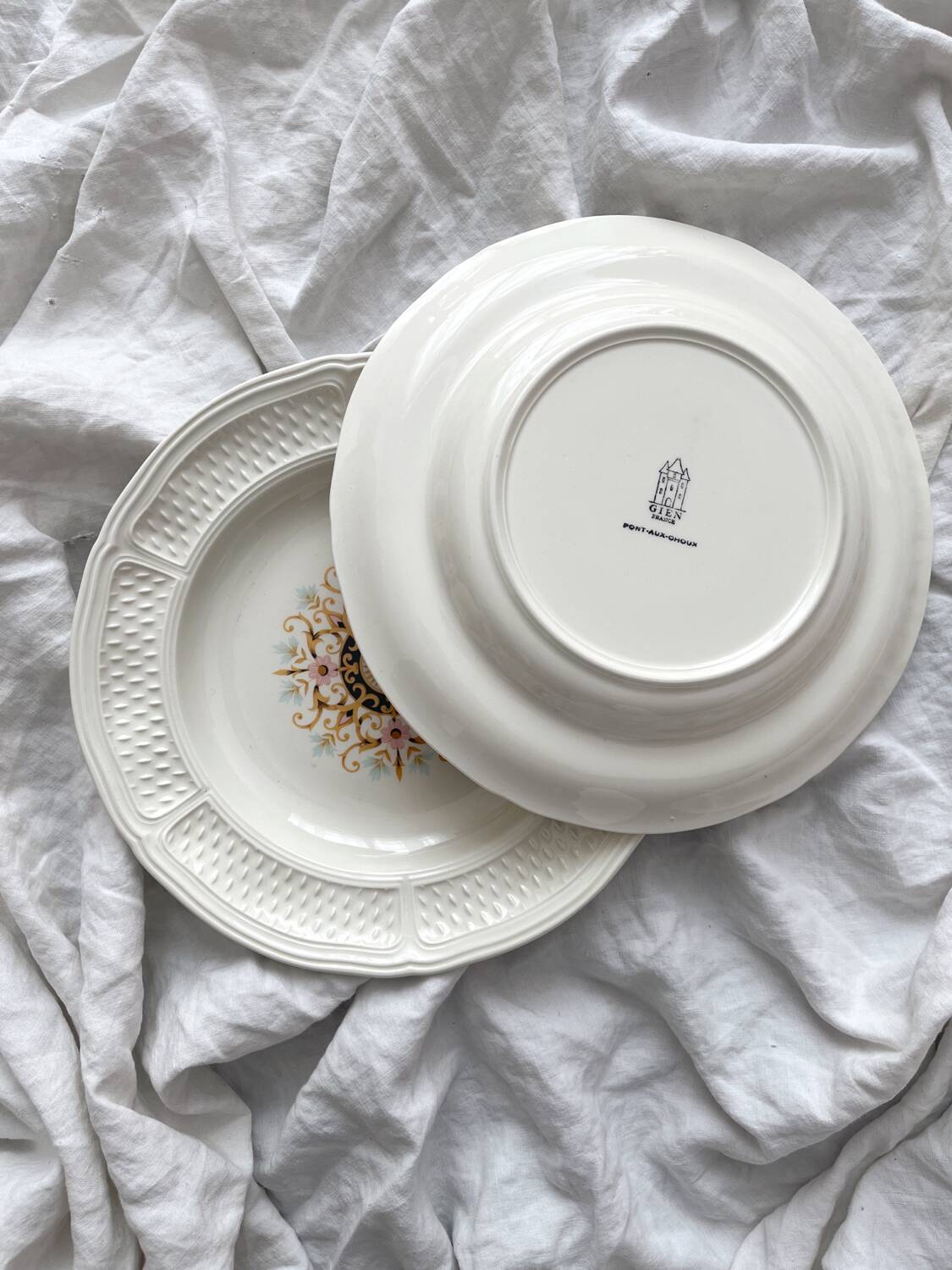 2 ivory “Pont aux Choux” soup plates, Gien earthenware