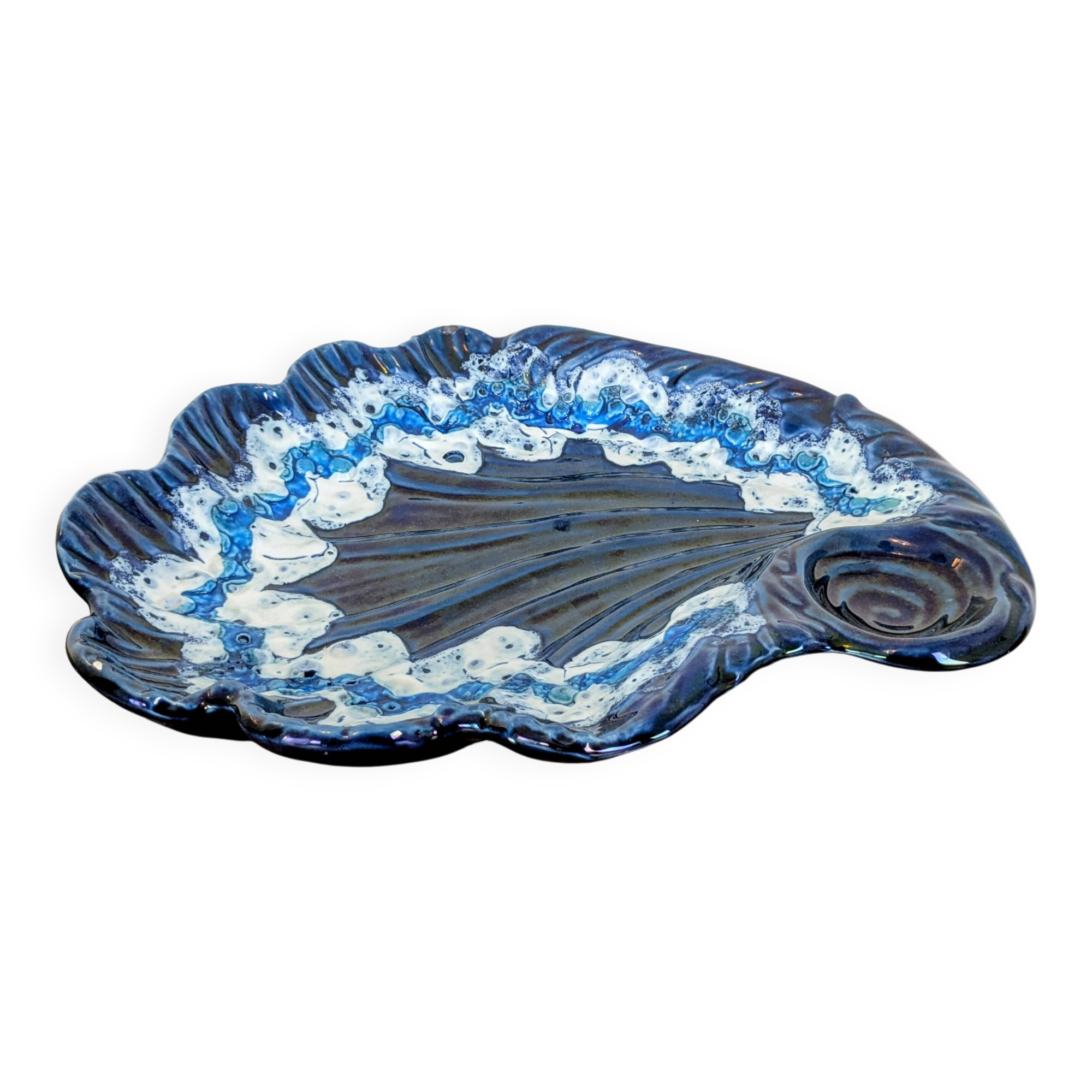 Large vintage shell-shaped blue glazed ceramic bowl