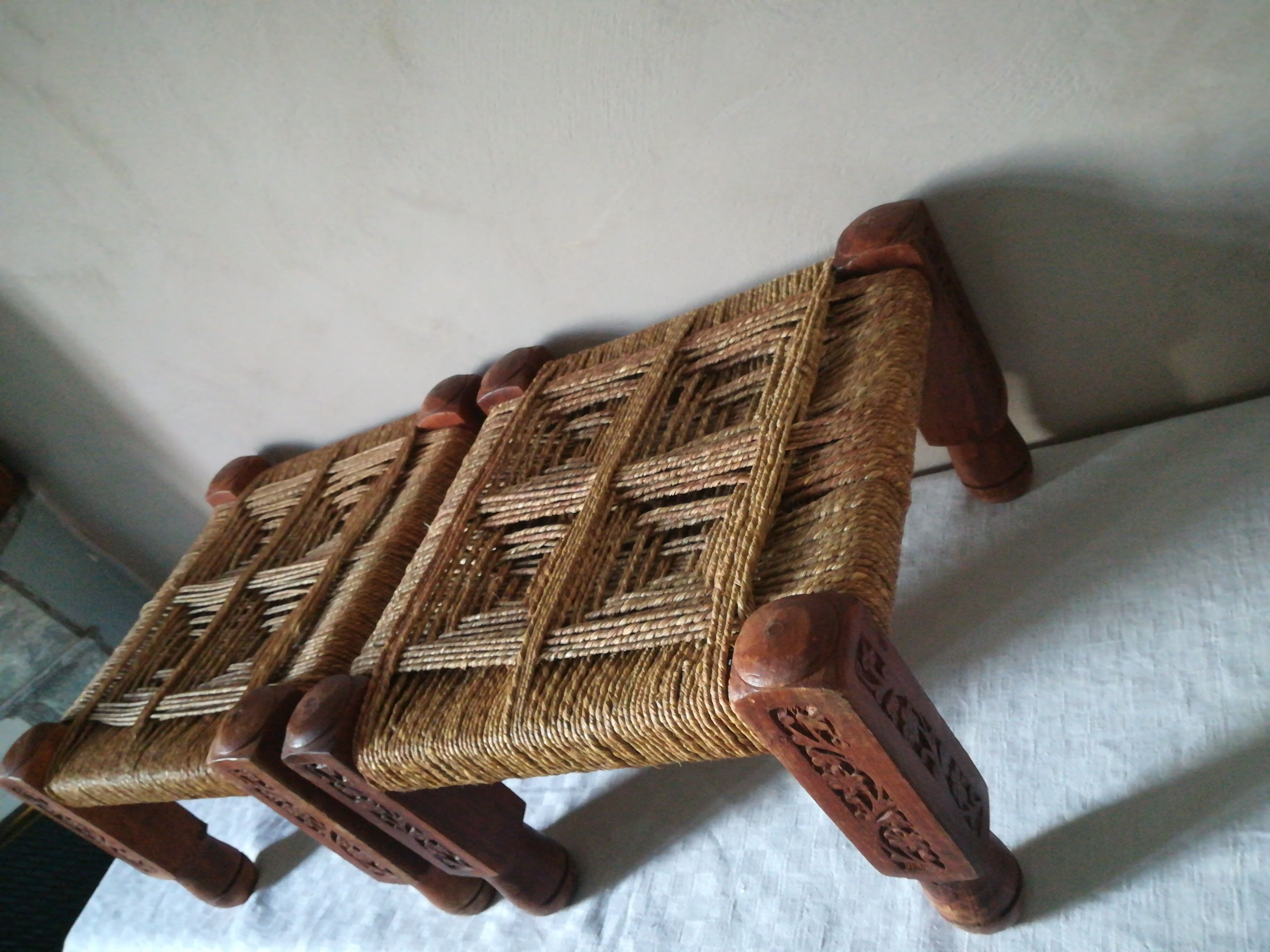 2 stools low Indian sharpoy in teak and rope