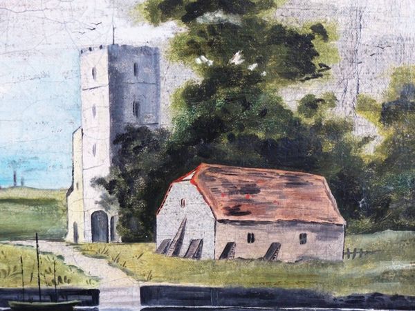 Peinture ancienne de paysage  / tableau encadré huile paysage de campagne.