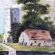 Antique landscape painting / framed oil painting of countryside landscape.