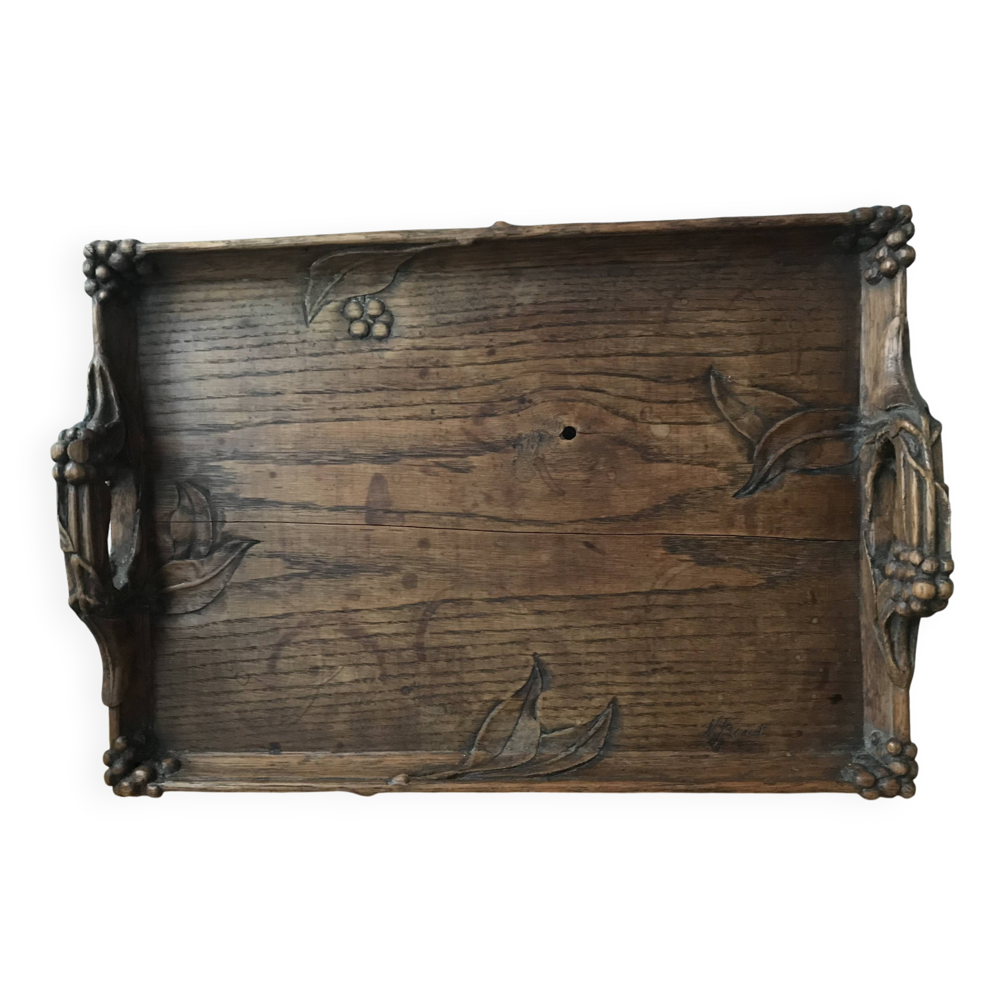 Art Nouveau tray in carved wood signed N.Faraut
