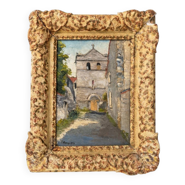 Tableau huile église village signé Remy-Gry - Cadre doré ancien