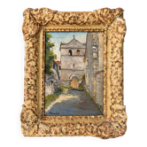 Oil painting of a church in a village signed Remy-Gry - Antique gilded frame