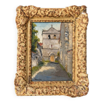 Oil painting of a church in a village signed Remy-Gry - Antique gilded frame