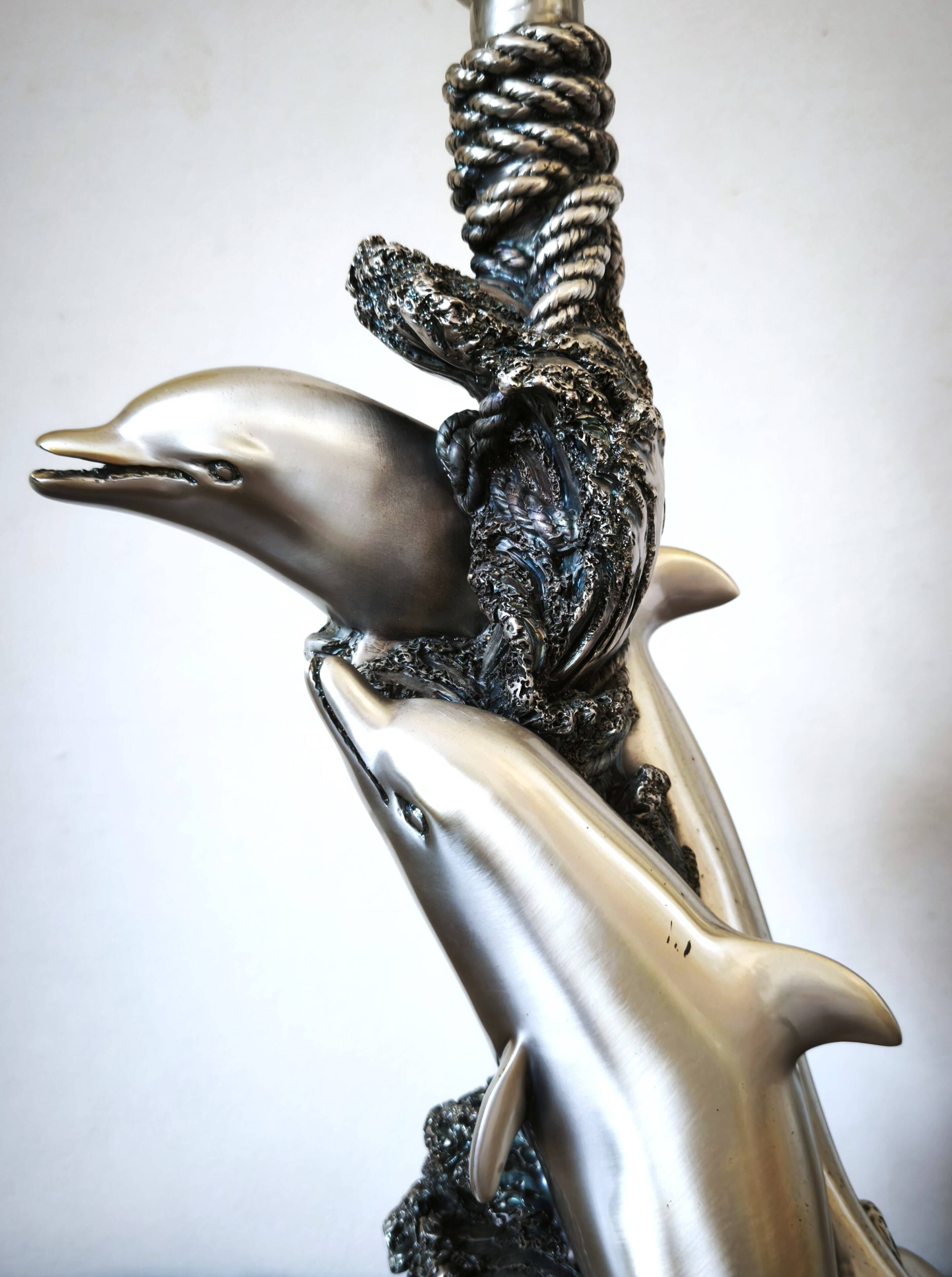 Large sculptural lamp MIDA Argenti silver dolphins Italy
