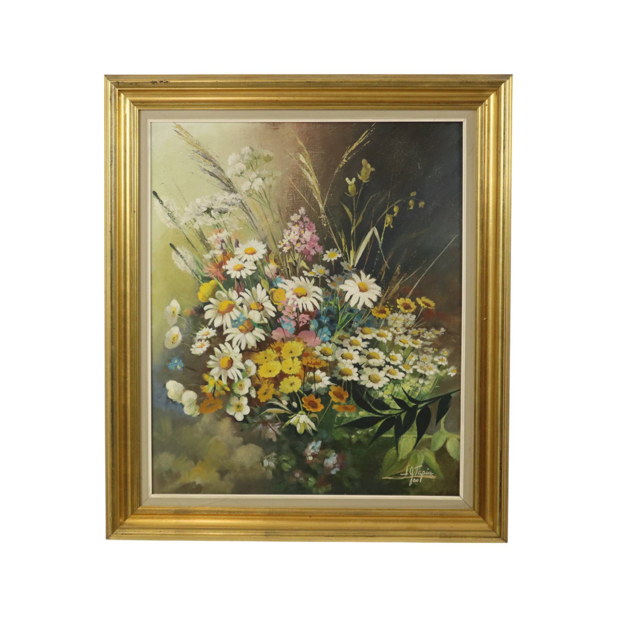 Flowers Bouquet Still Life Painting Oil on Canvas Framed Signed