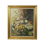 Bouquet de fleurs Nature morte Peinture à l'huile sur toile Encadrée Signée