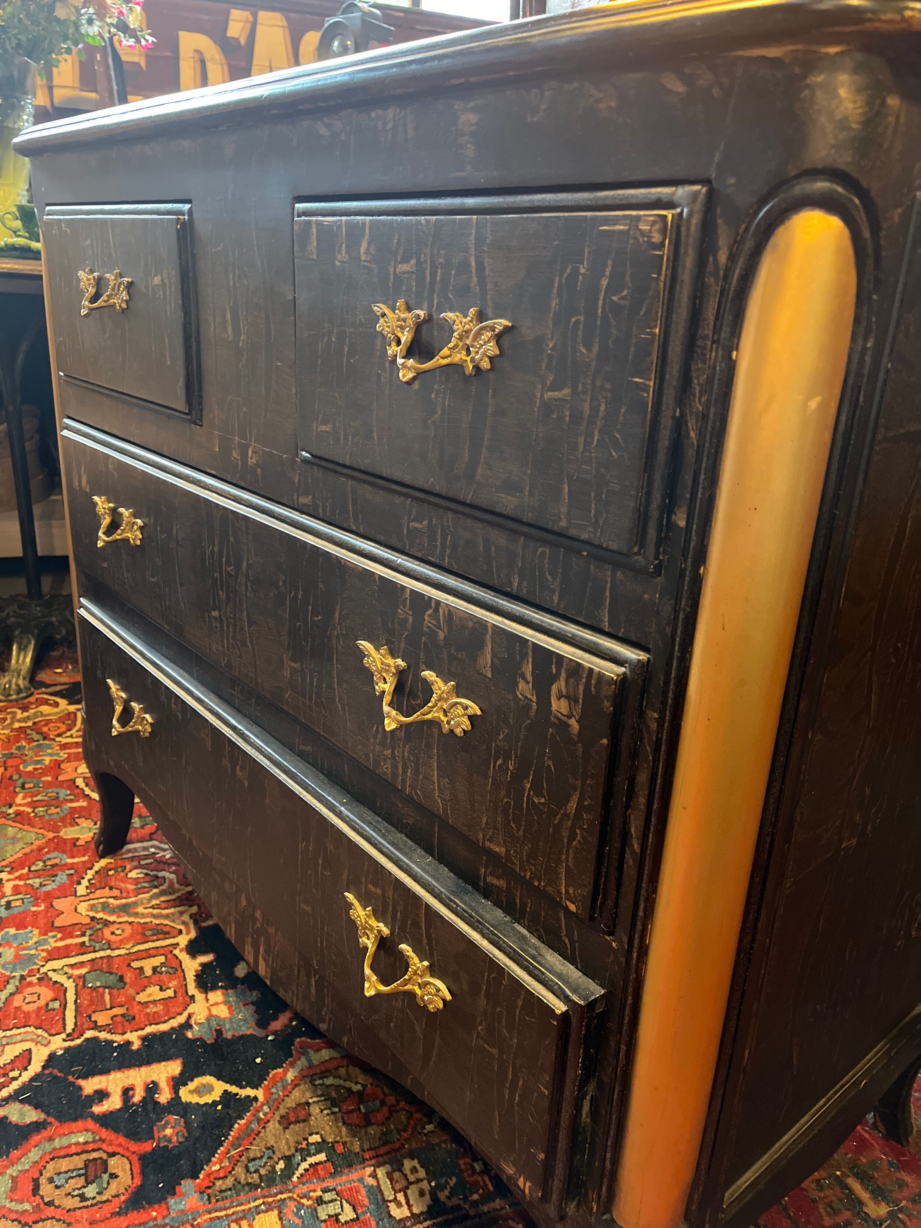 Black painted chest of drawers with golden Japanese bamboo effect