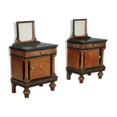 Antique walnut bedside tables with marble and burl, Italy, 20th century.