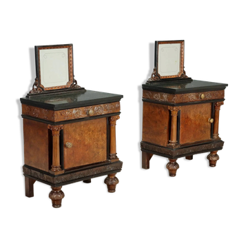 Antique walnut bedside tables with marble and burl, Italy, 20th century.