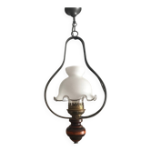 Suspension /luminaire ancien lampe à Pétrole opaline