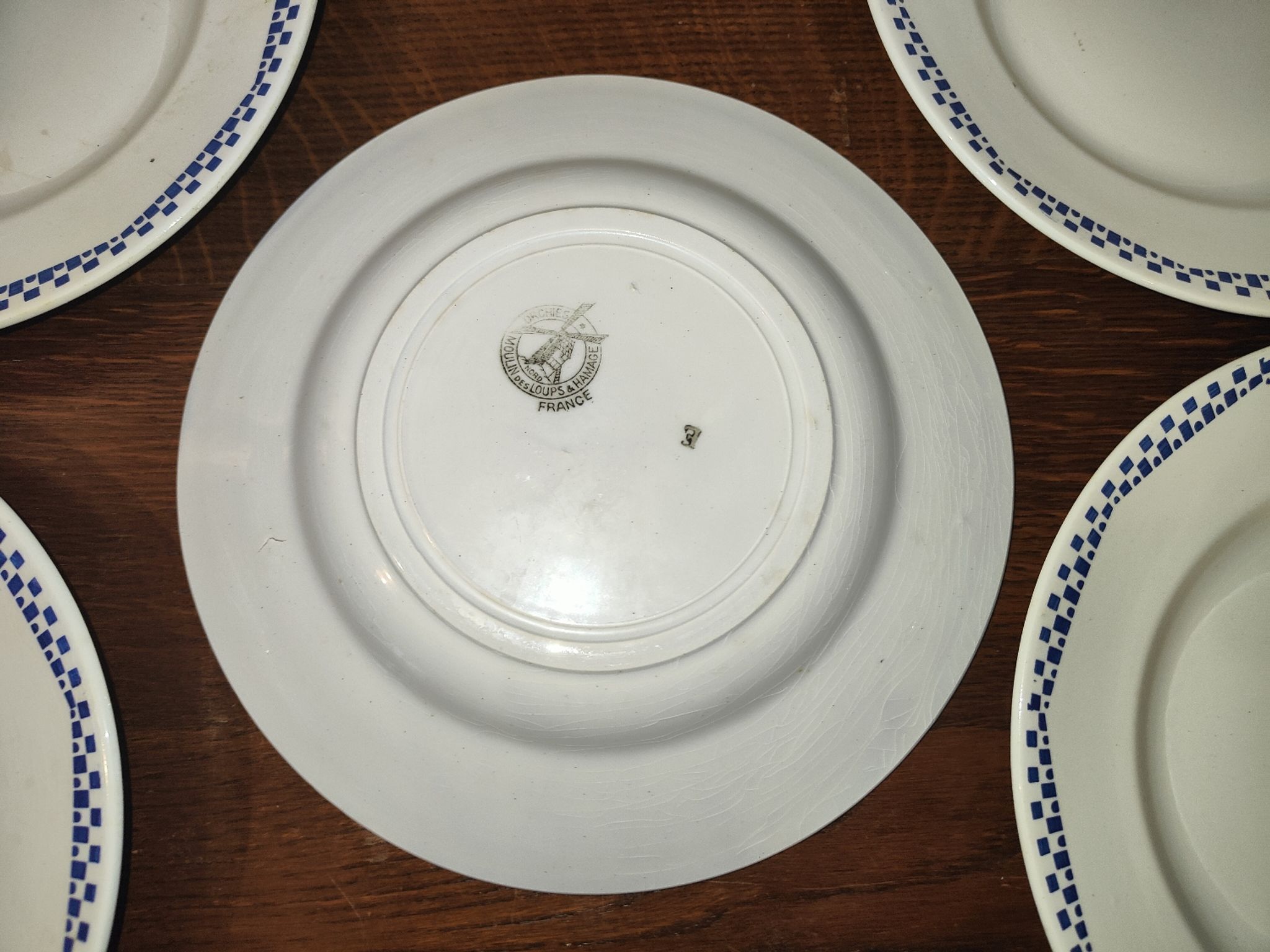 5 flat plates Moulin des loups and Hamage Orchies France blue 50s