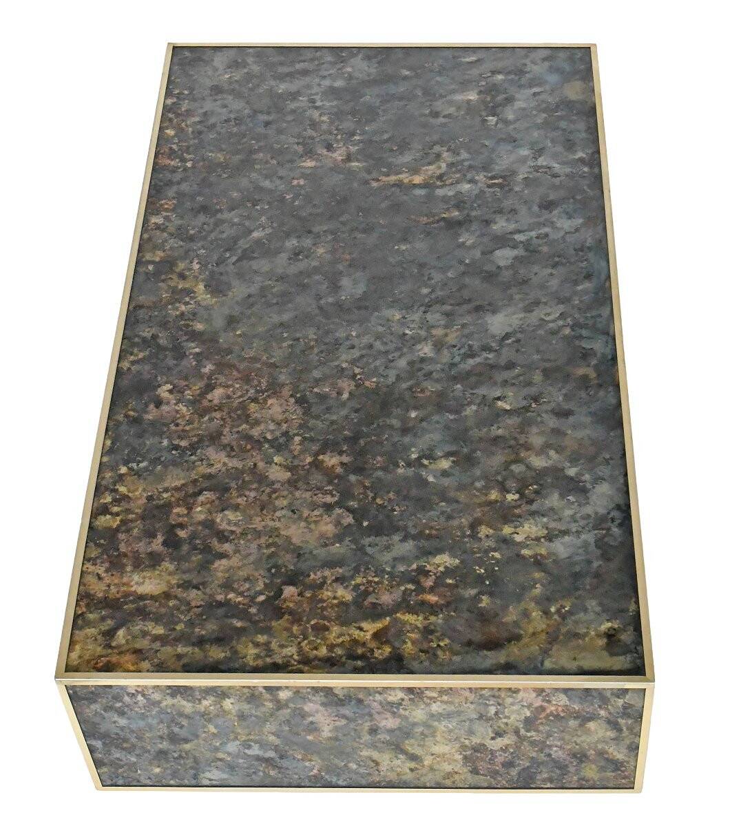 Marble glass coffee table with "solar eruption" decor.