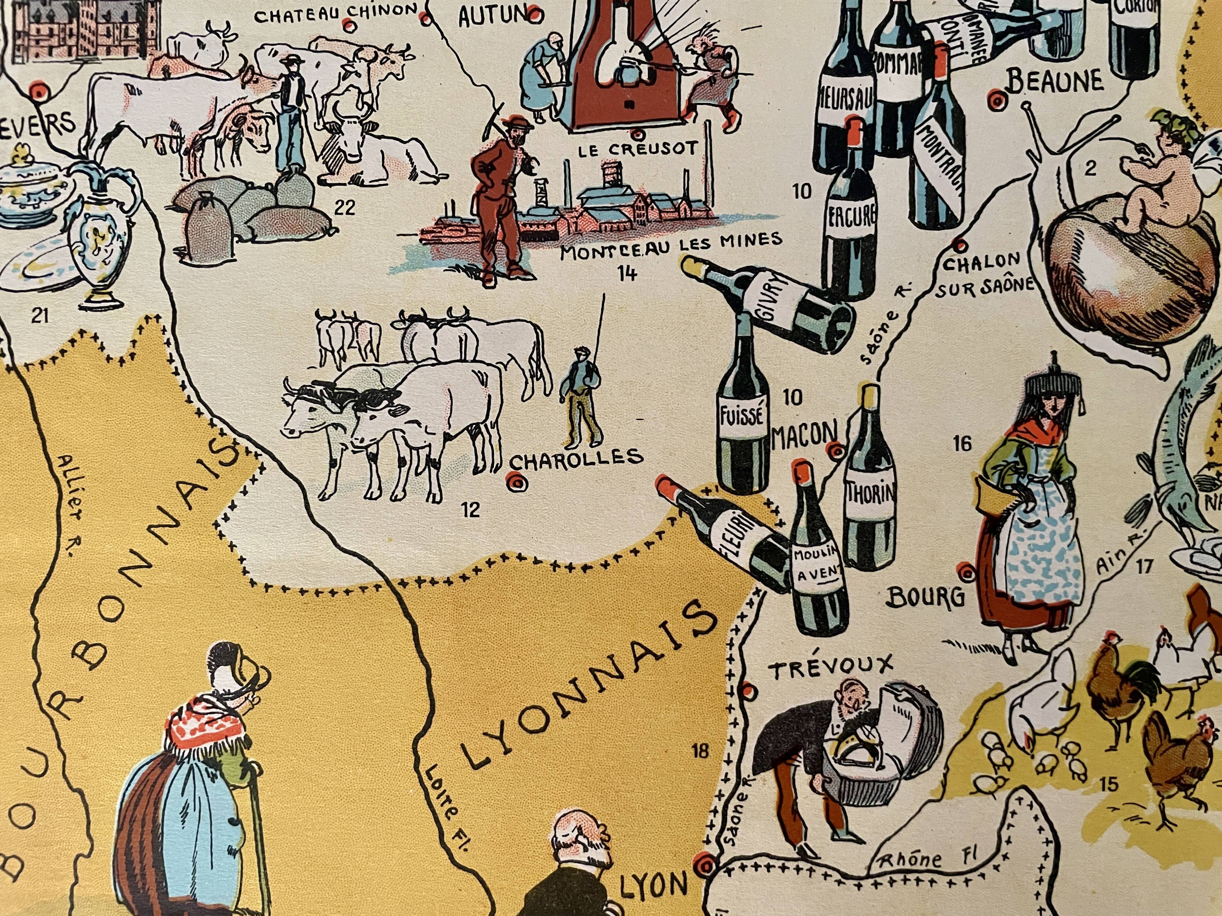 Old illustrated map of Burgundy from 1945 by JP Pinchon