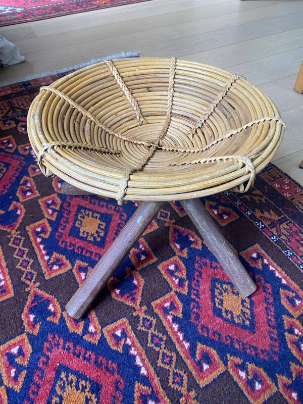 Tabouret rond bas bambou rotin