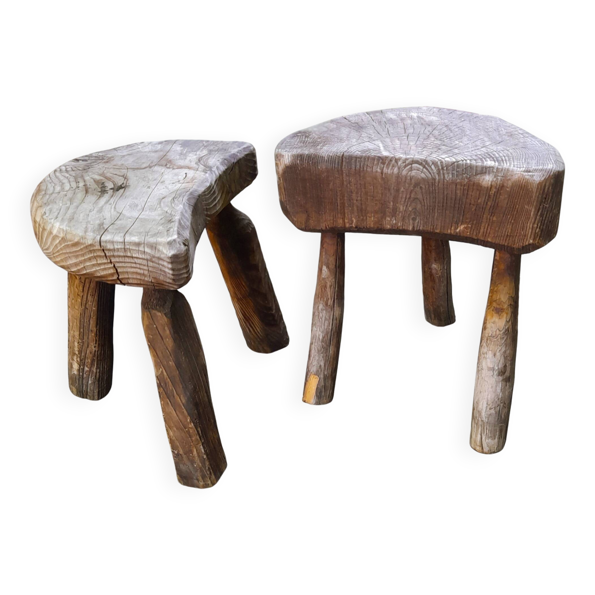 Pair of brutalist tripod stools in grayed pine. France, 1950s