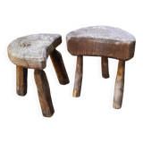 Pair of brutalist tripod stools in grayed pine. France, 1950s