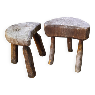 Pair of brutalist tripod stools in grayed pine. France, 1950s