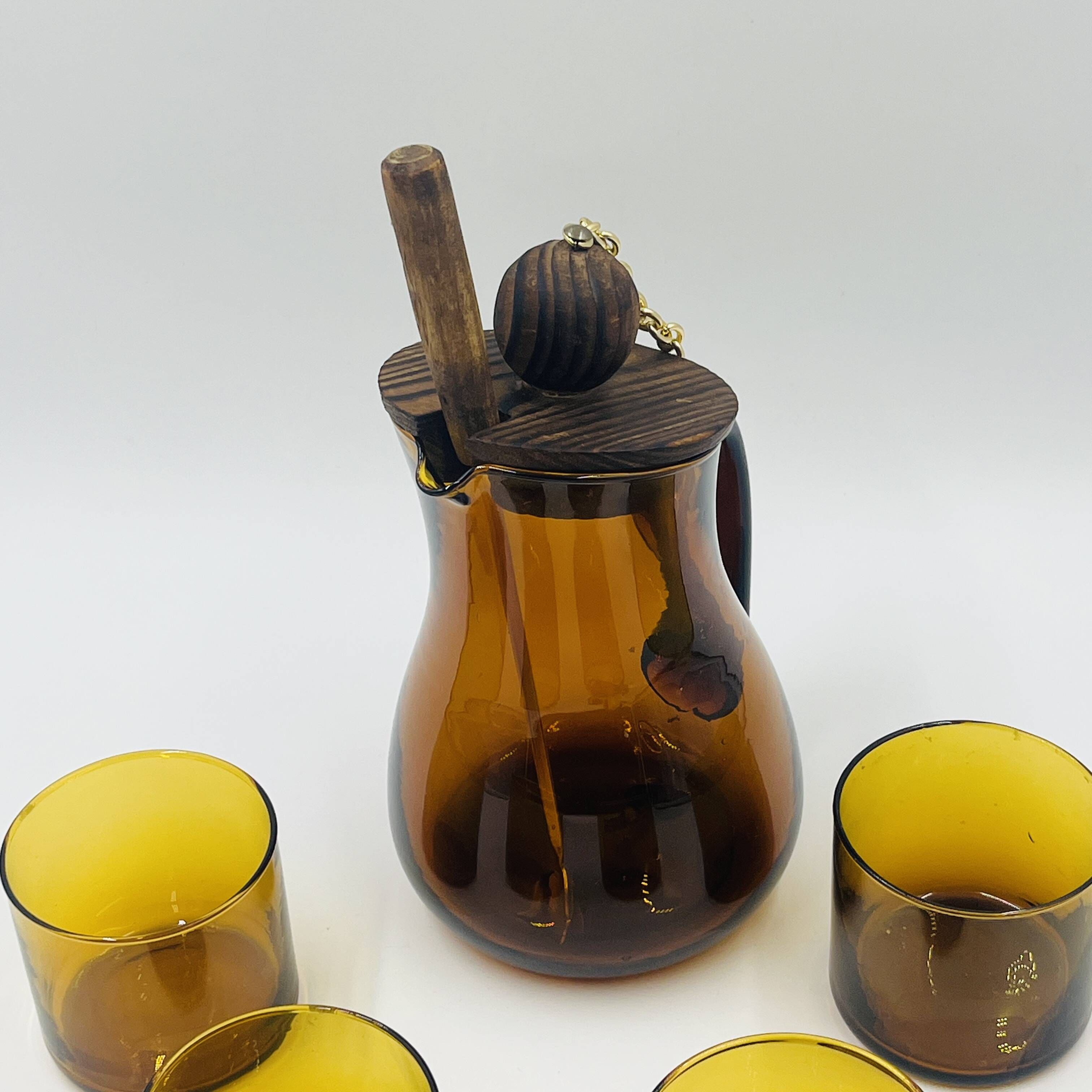 Vintage Sangria Service in Amber Glass and Wood