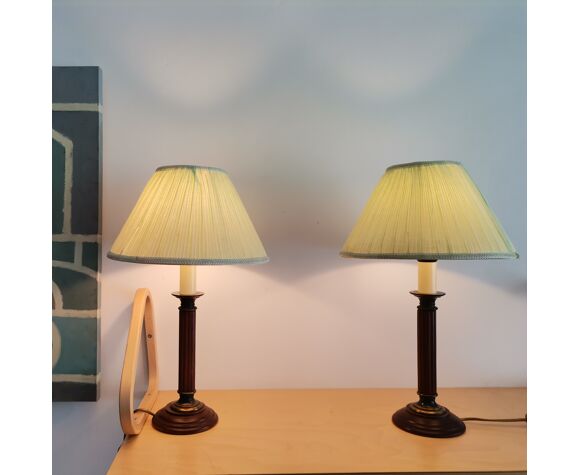 Pair Vintage 1950s Wooden Table Lamps With Green Pleated Shades Selency Pair Vintage 1950s Wooden Table Lamps, Vintage Wooden Table Lamp Shades