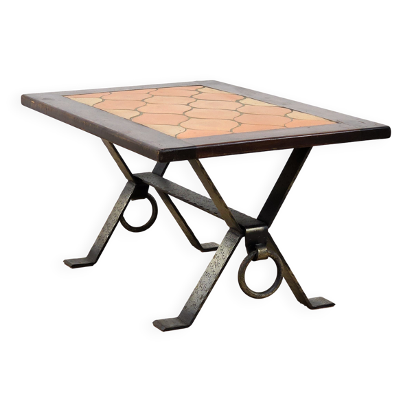 Superbe table basse en fer forgé et céramique - 1960