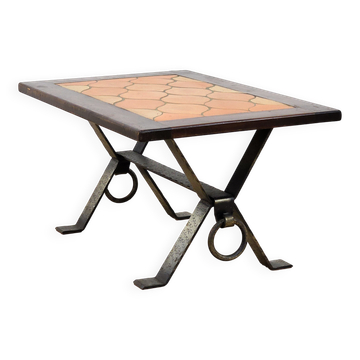 Superbe table basse en fer forgé et céramique - 1960