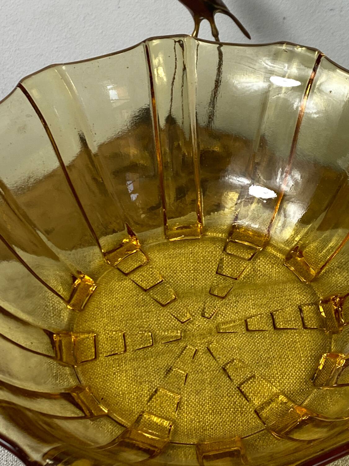 Art Deco style salad bowl in amber molded glass