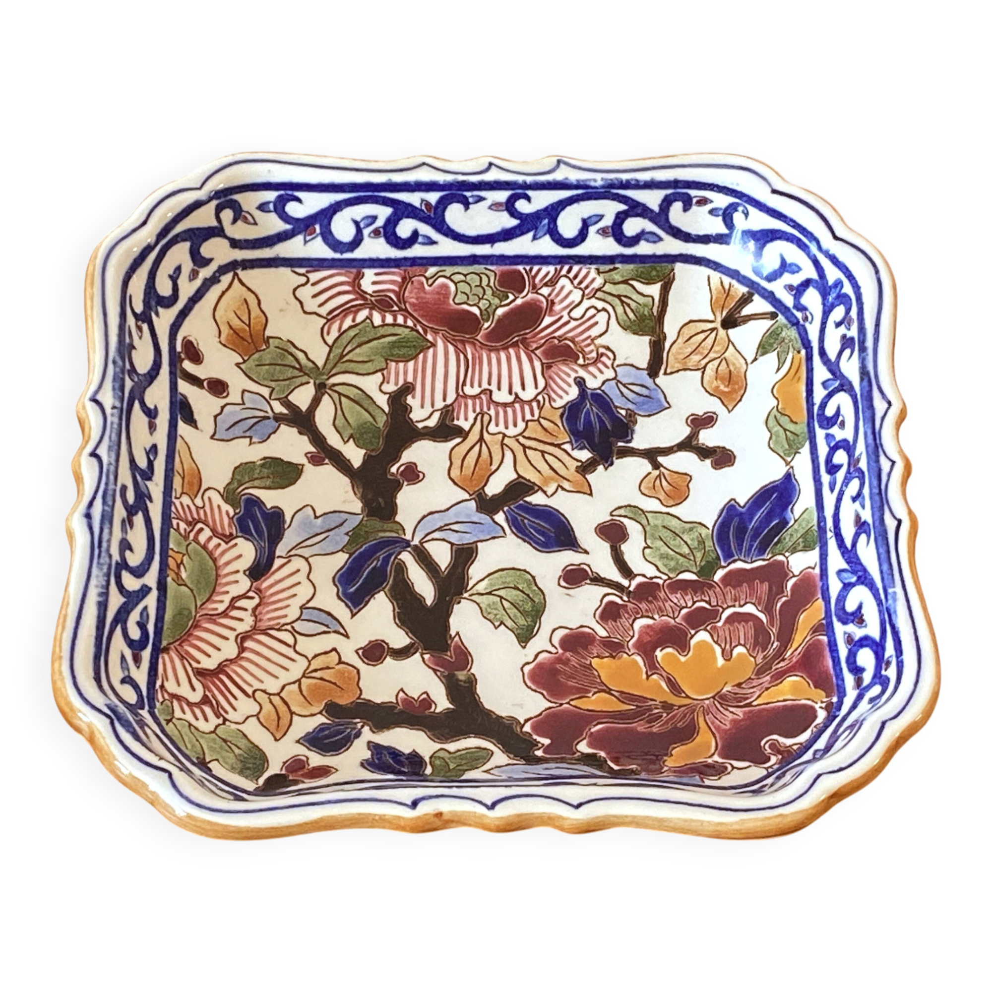 Small square Gien earthenware dish/trinket tray with peony decoration