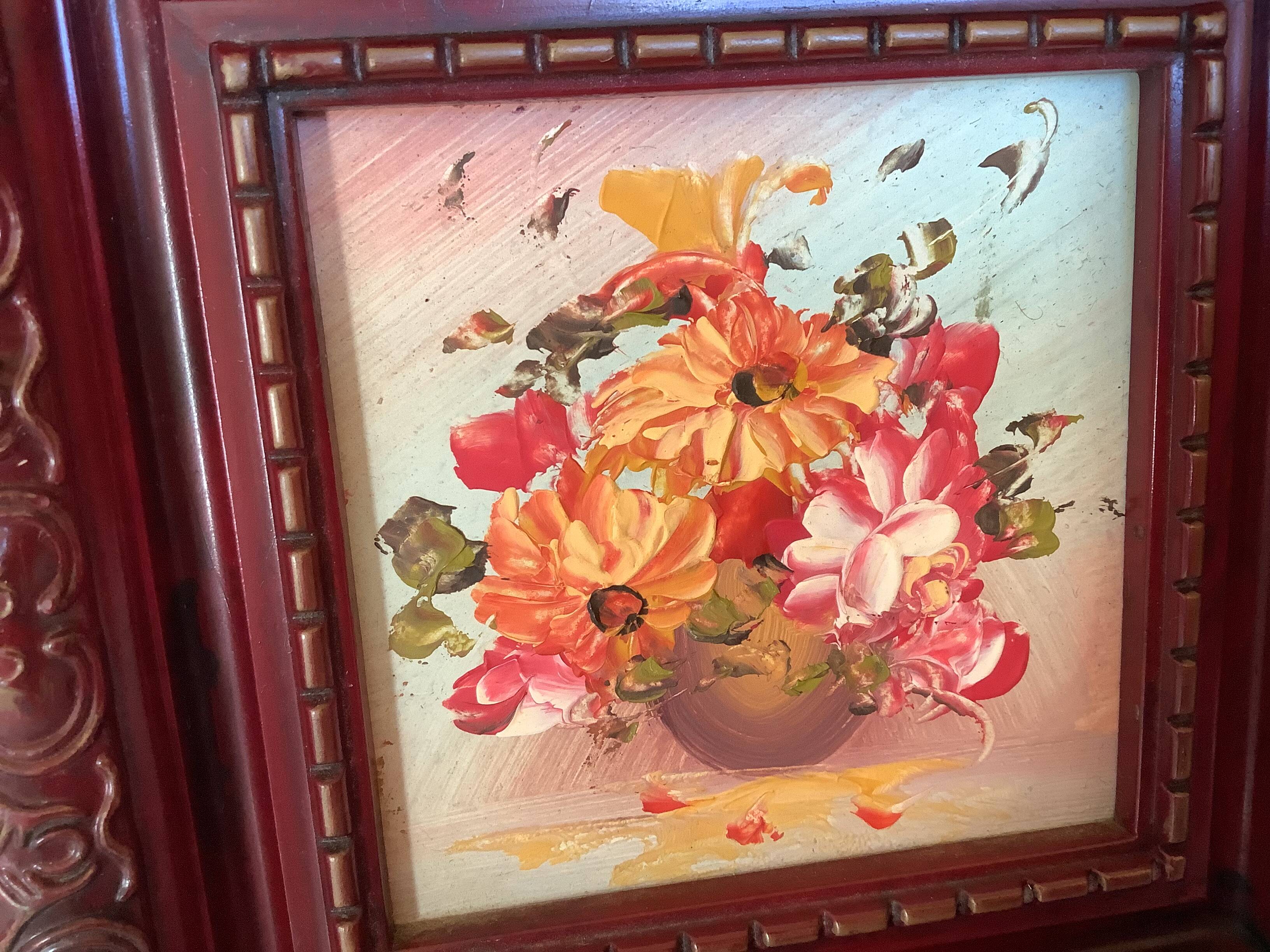 Mini painting of a flower bouquet in oil on panel.