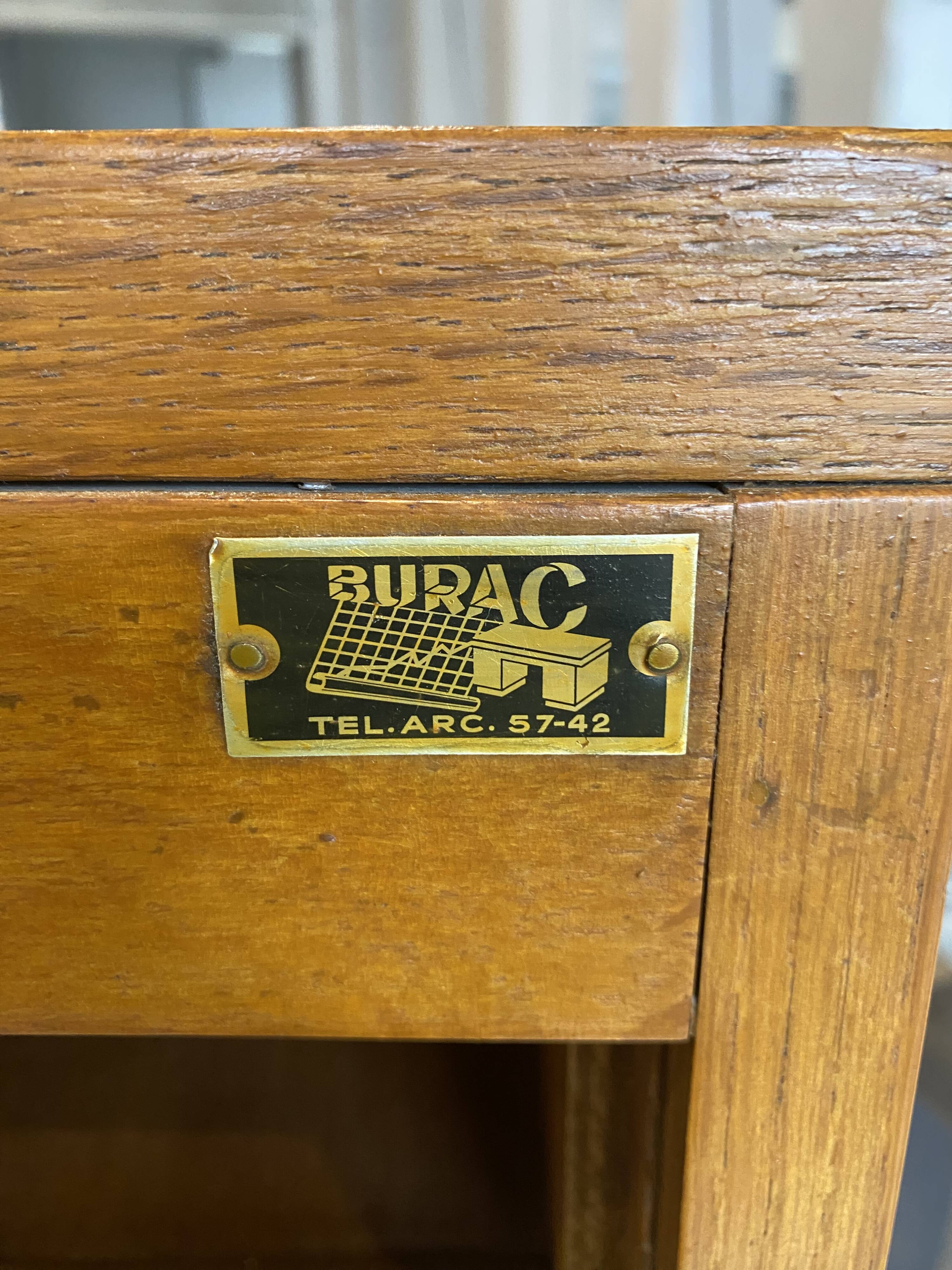 1950s oak office storage cabinet with curtains.