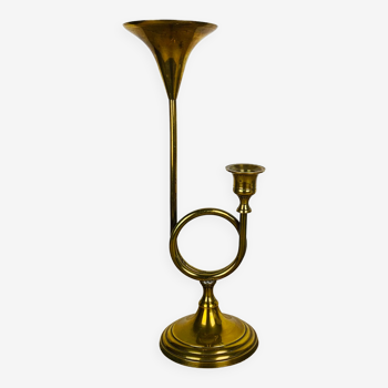 Vintage golden brass trumpet candle holder