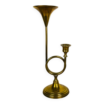 Vintage golden brass trumpet candle holder