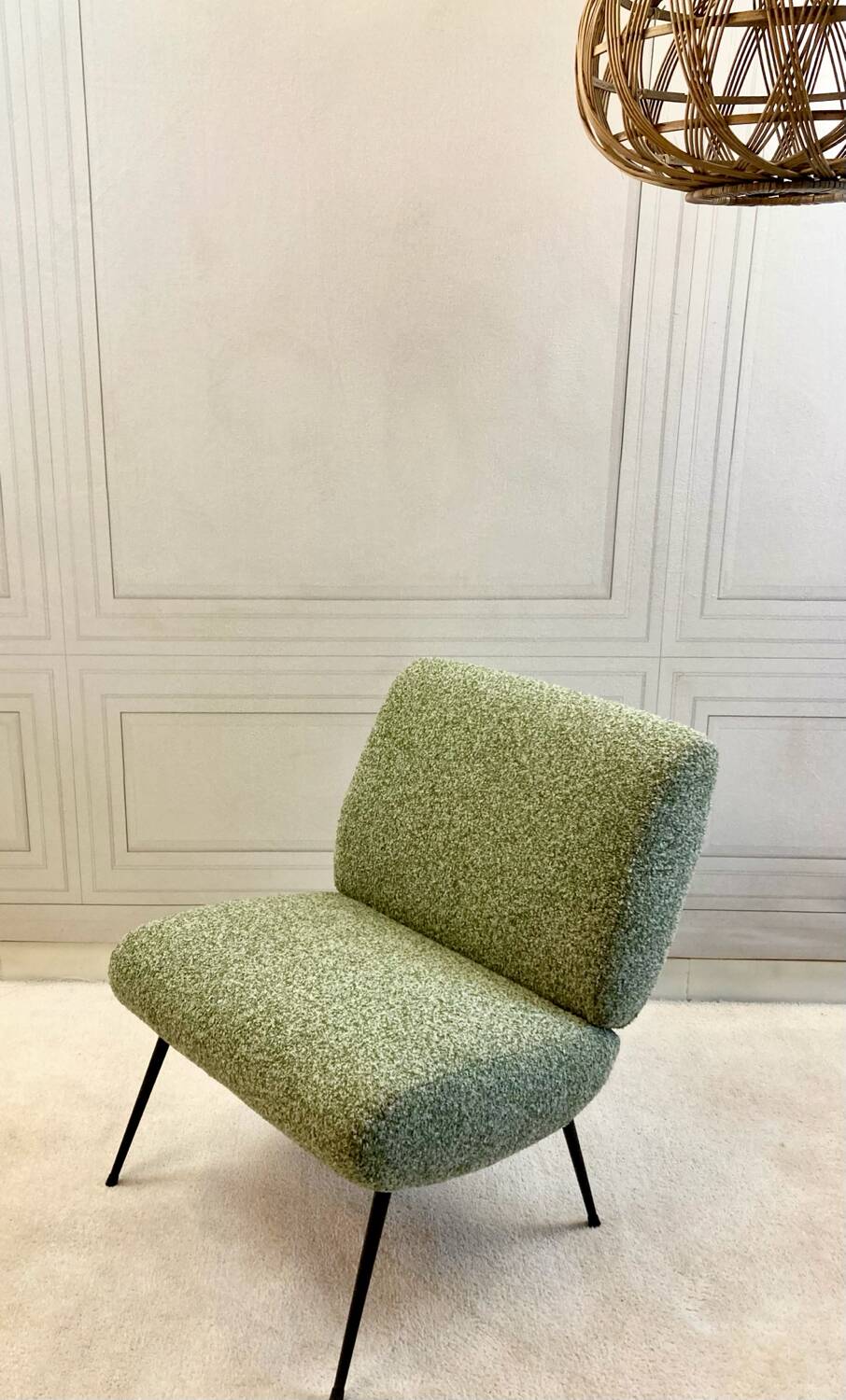 Chauffeuses vintage Kiss Pelfran rénovées – tissu bouclé vert