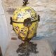 Large covered box in yellow earthenware with polychrome enamels and brass from the 20th century.