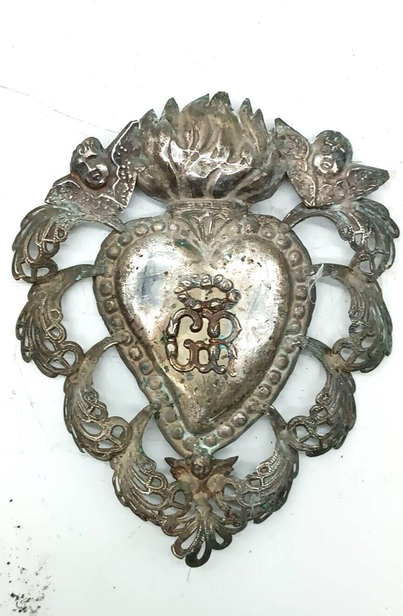 Grand ex voto coeur argent 15 cm antique italien grace reçu