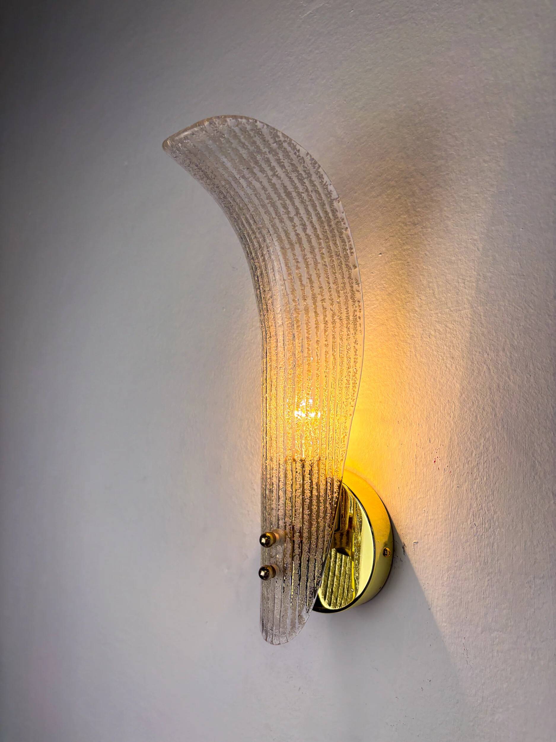 Pair of Murano frosted glass leaf sconces, gilt brass, Italy, 1970s
