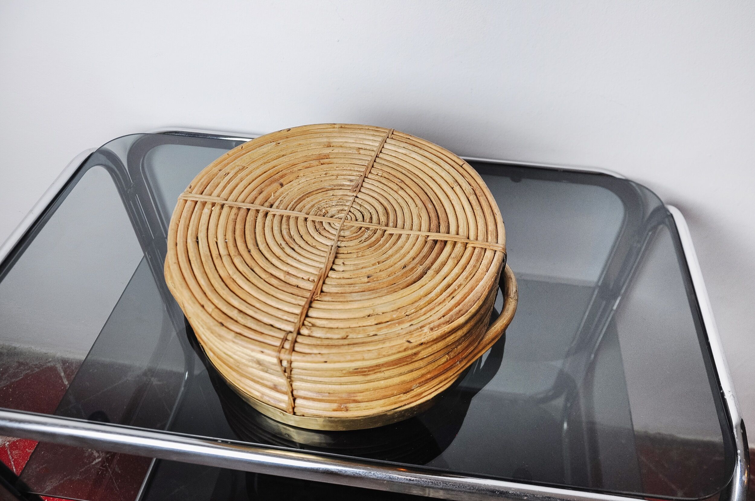 Rattan and brass basket, Italy, 1970