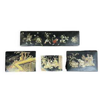 Series of Japanese boxes from the Napoleon III period in black lacquered wood decorated with animated scenes