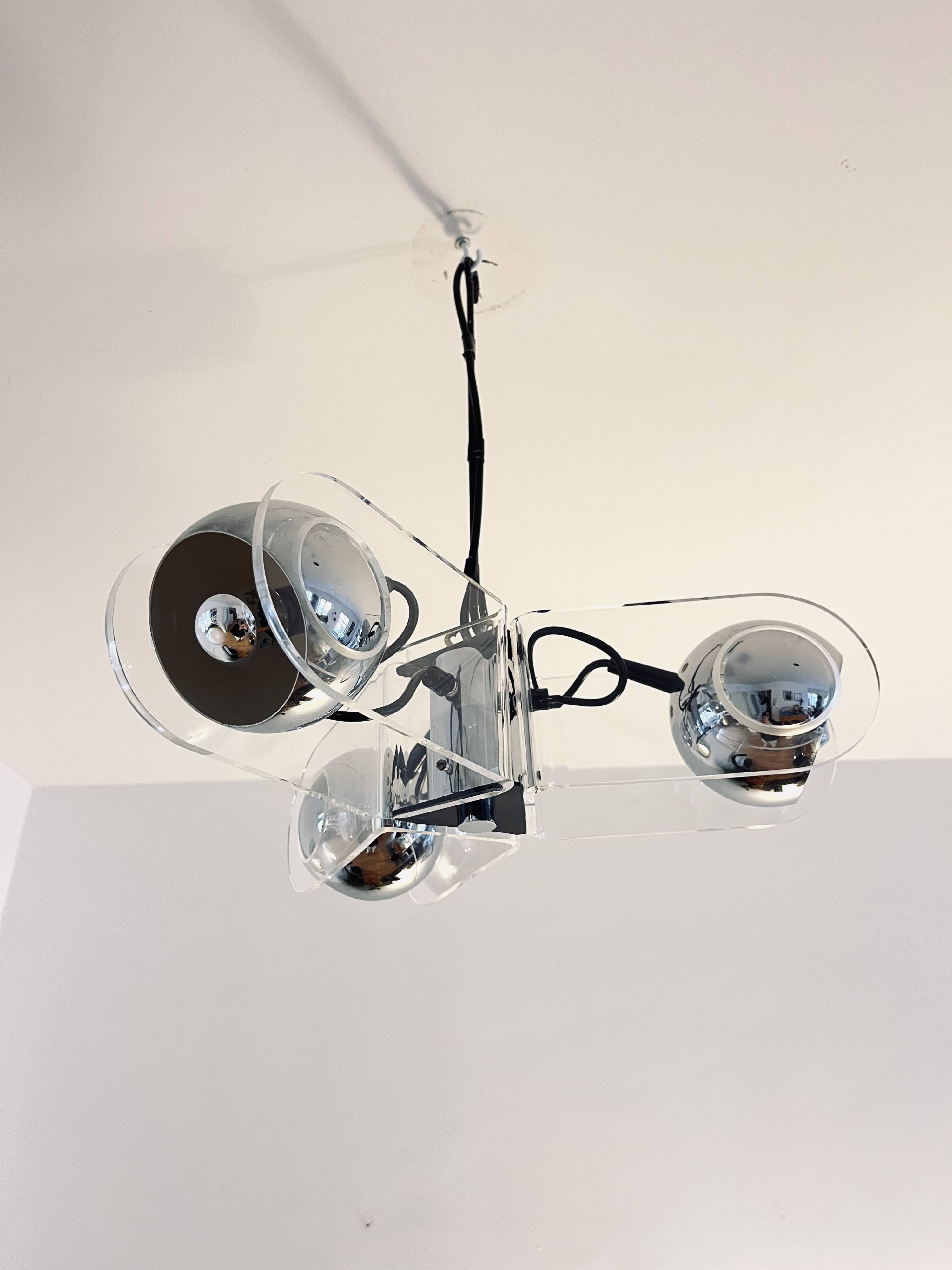 Vintage Chrome & Acrylic Pendant Lamp in the Style of Gino Sarfatti , 1970s