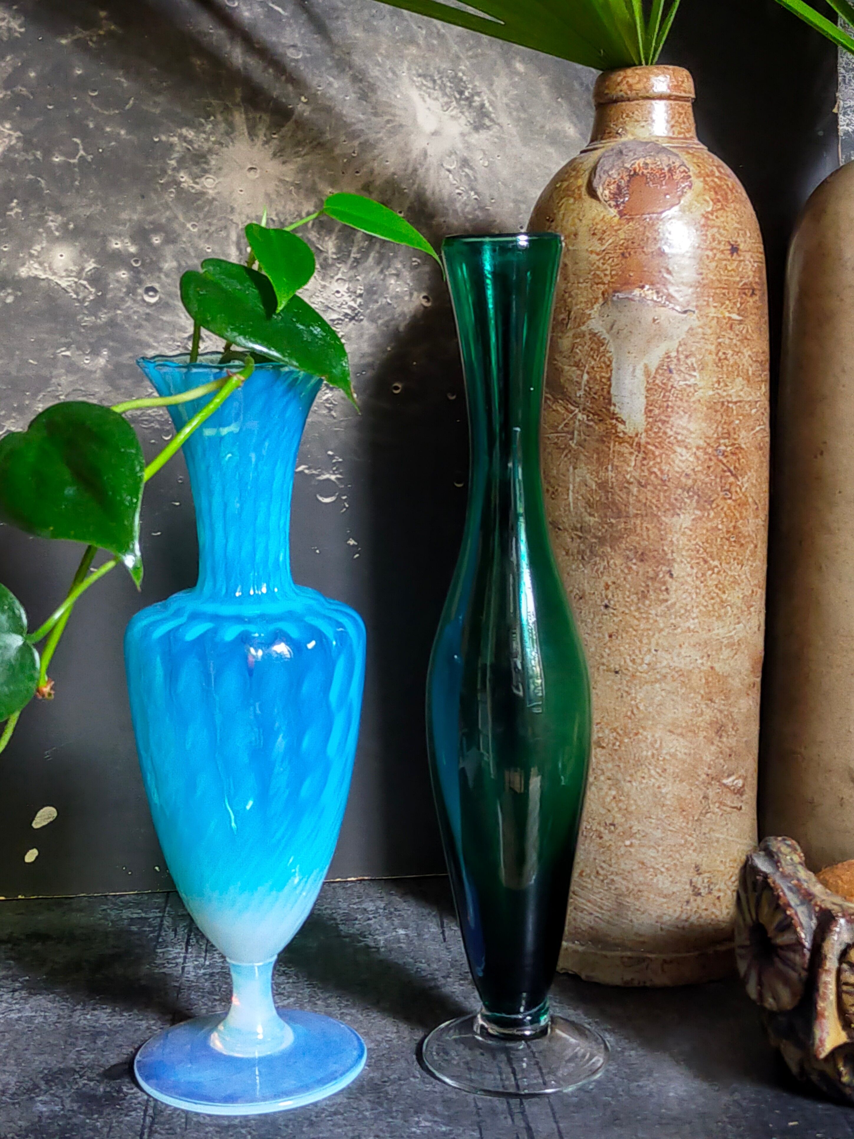 Duo of vintage blown glass soliflores vases