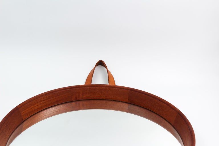 Scandinavian teak mirror with 1950s 19.5cm leather strap