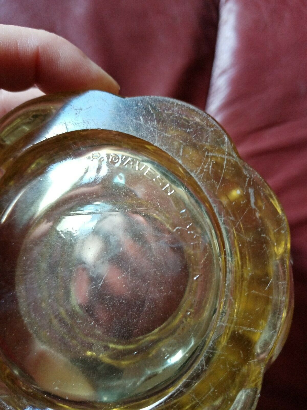 Yellow glass vase 18 cm high signed P. From avesn France