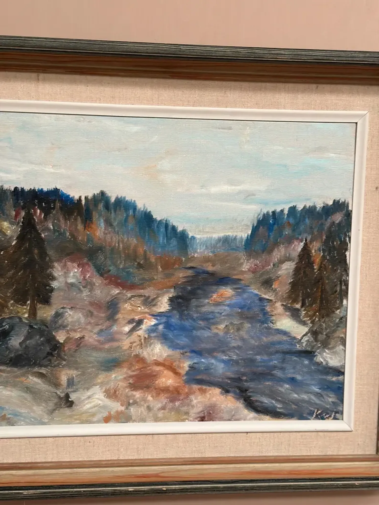 Original Swedish Oil on Canvas – “Landscape with River and Forest” by Kaj – Signed – Vintage & Framed – 60 × 52 cm (23.6" × 20.5")