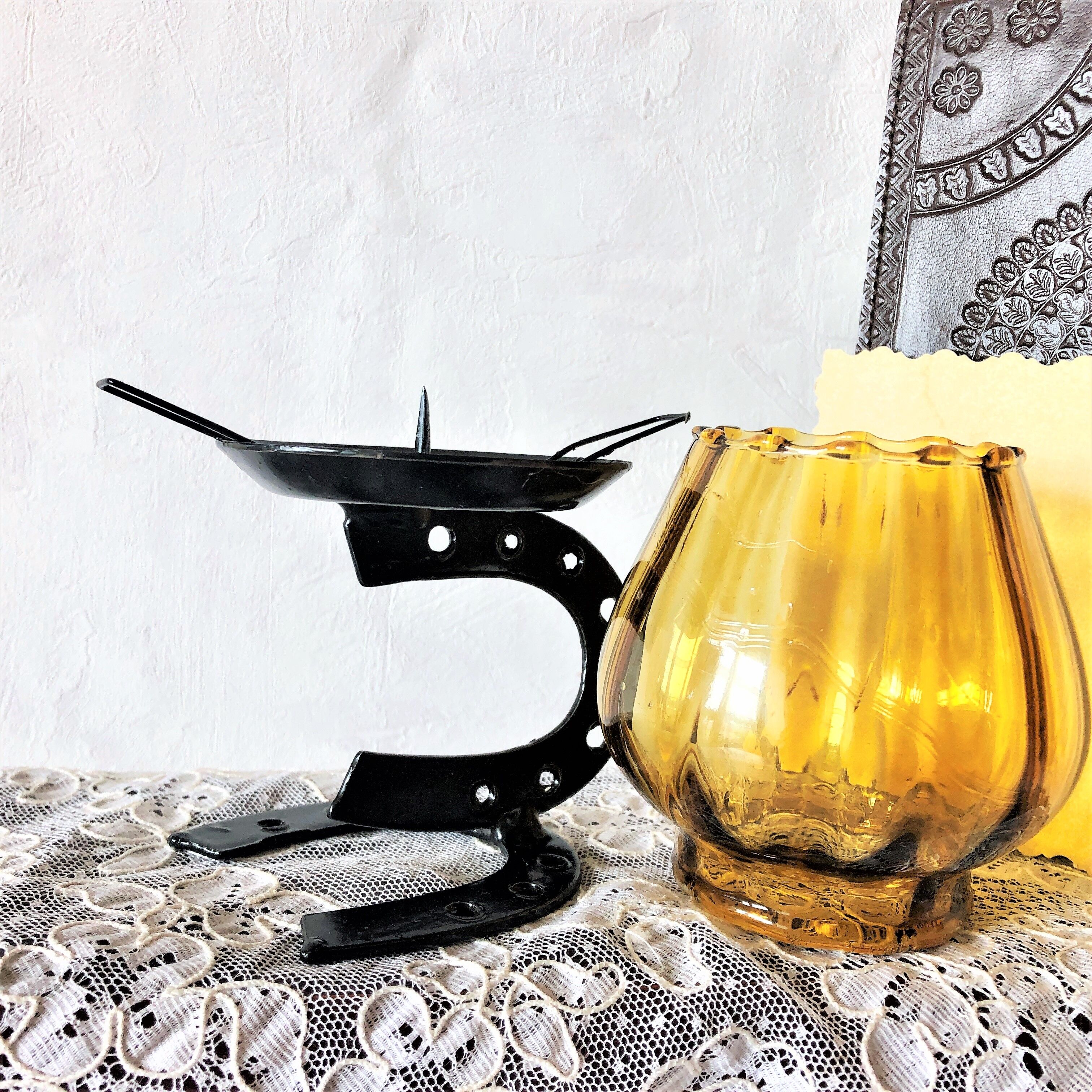 Candle holder photophore iron and amber glass vintage