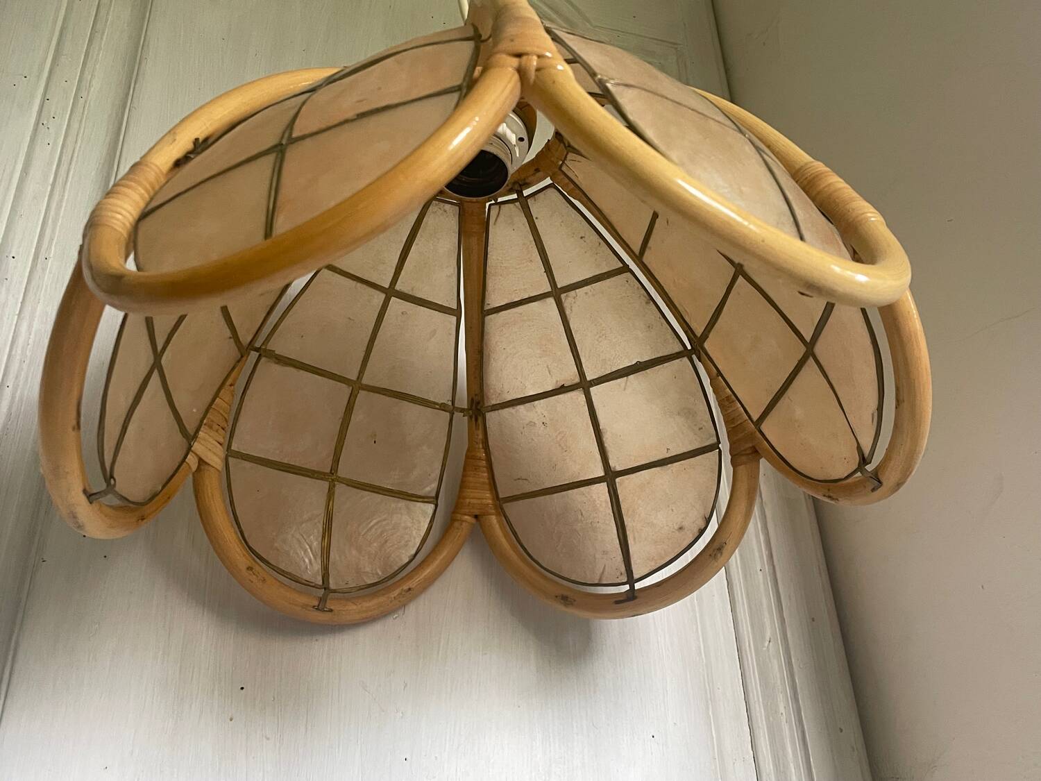 Vintage mother-of-pearl and rattan pendant light