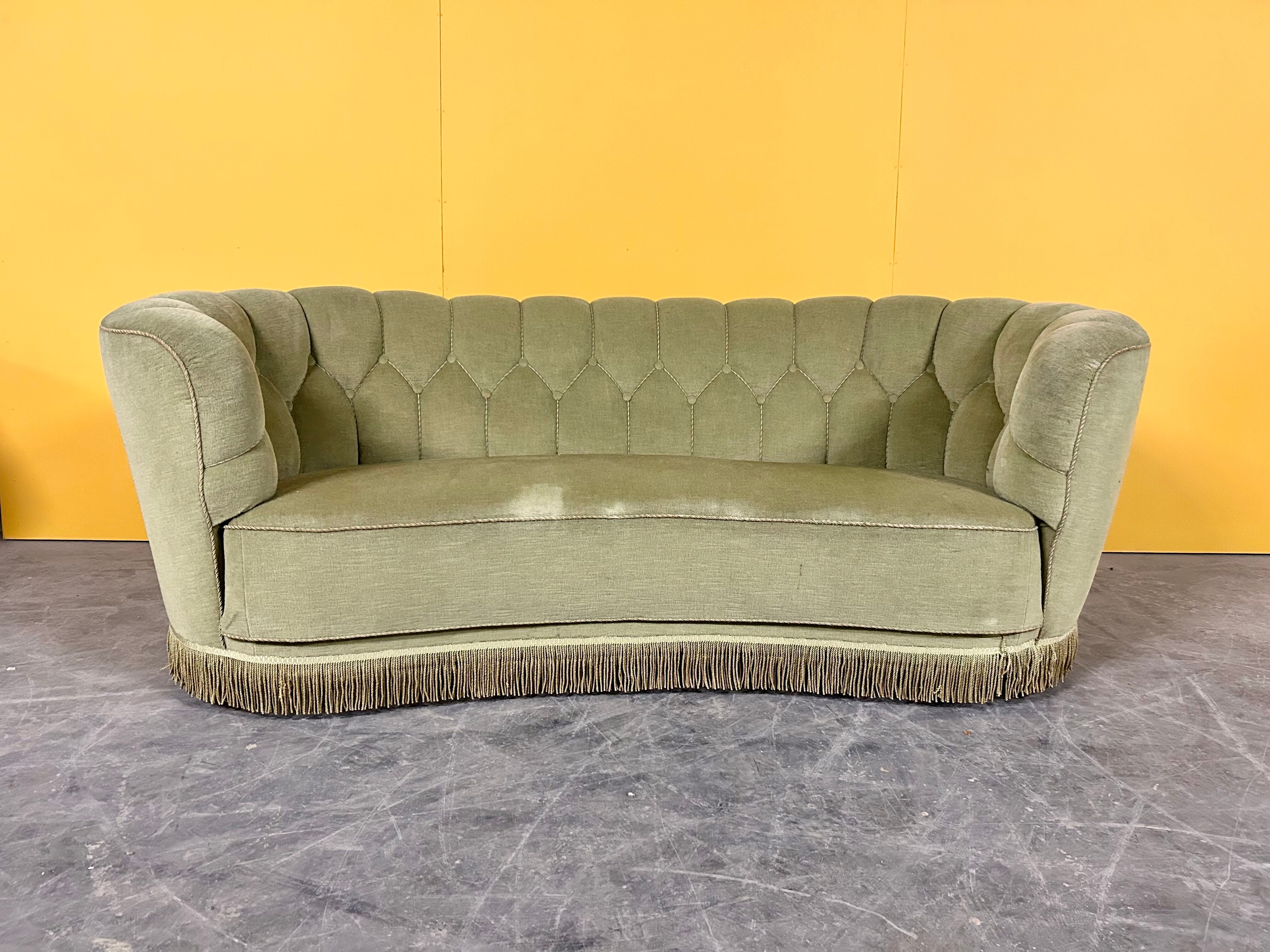 Danish 3 seater banana shaped sofa 1940s