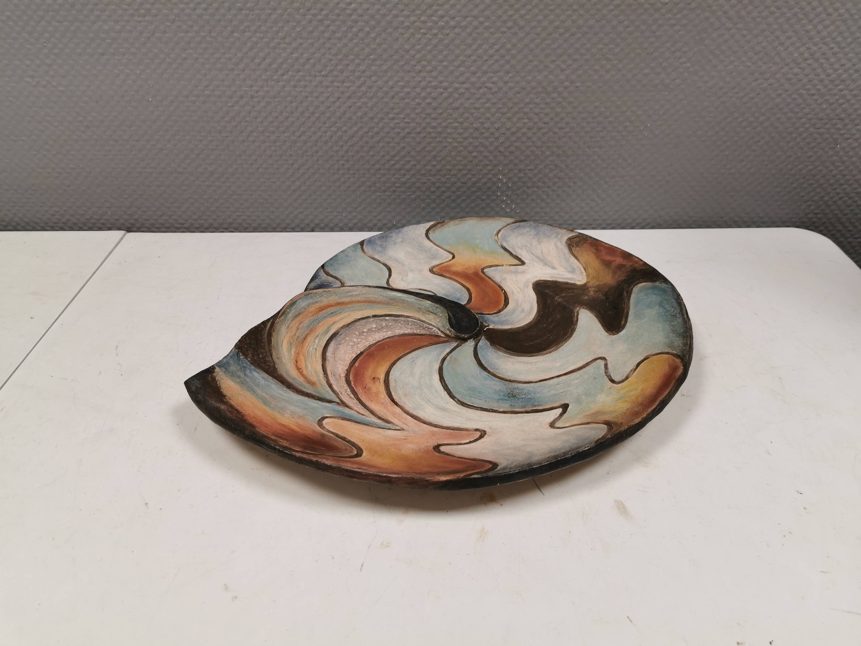 Large handmade decorated ceramic dish. Ruth Grønne Denmark 2001